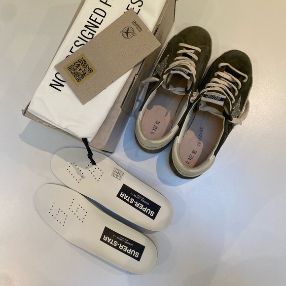 Golden Goose Superstar Sneaker Green Suede/Silver Glitter/Cream sz 39 New in Box - Picture 6 of 12